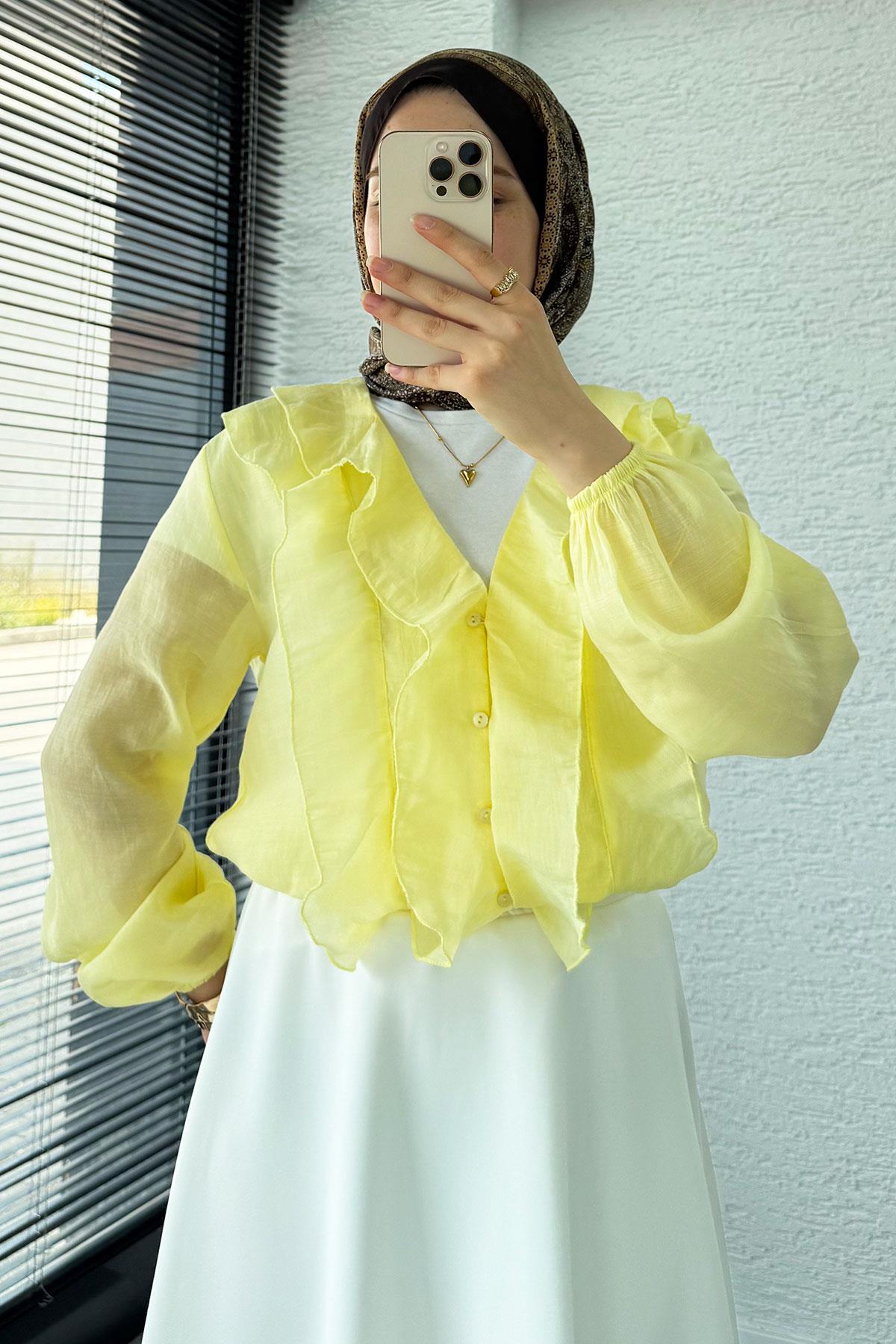 Fırfır Detaylı Vual Kumaş Bluz - Sarı 