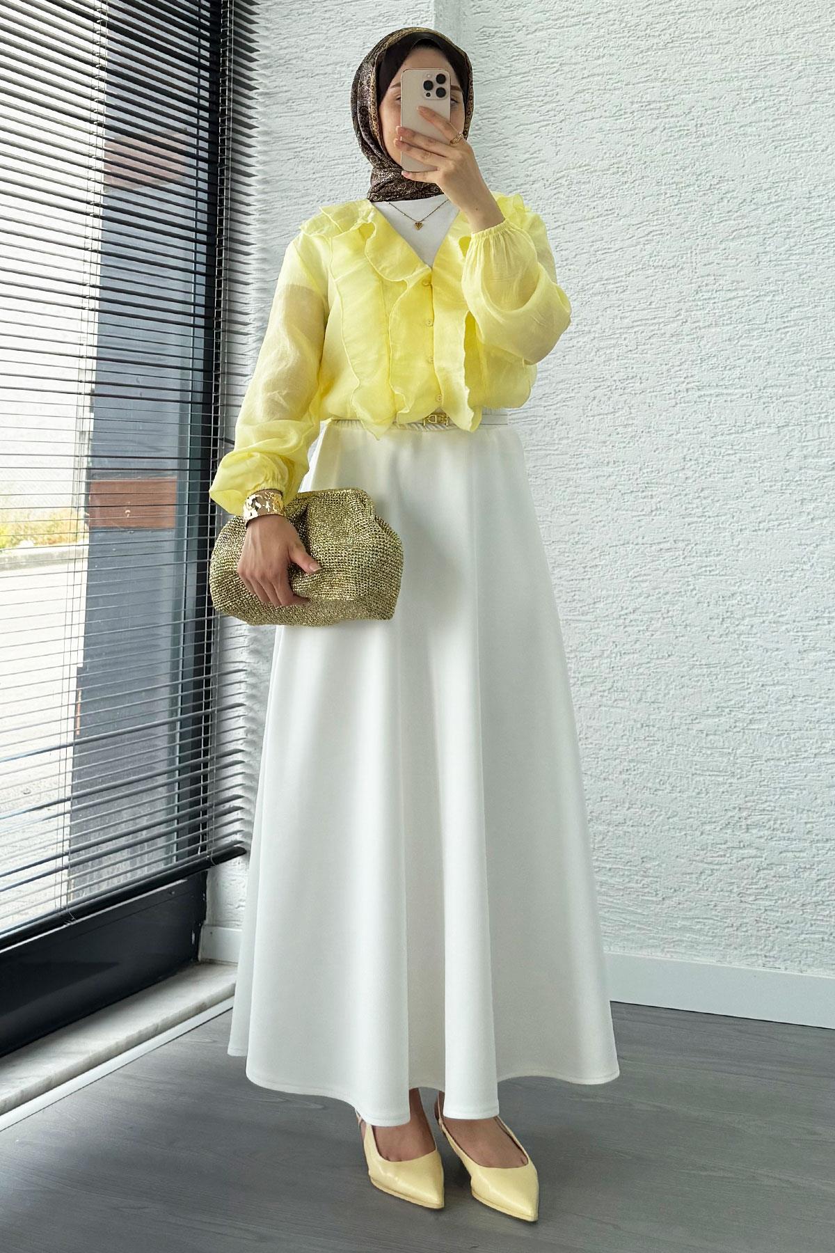 Fırfır Detaylı Vual Kumaş Bluz - Sarı 