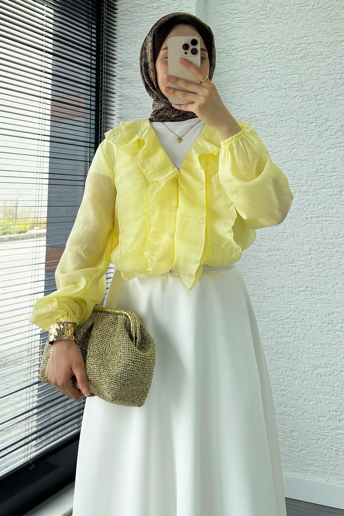 Fırfır Detaylı Vual Kumaş Bluz - Sarı 