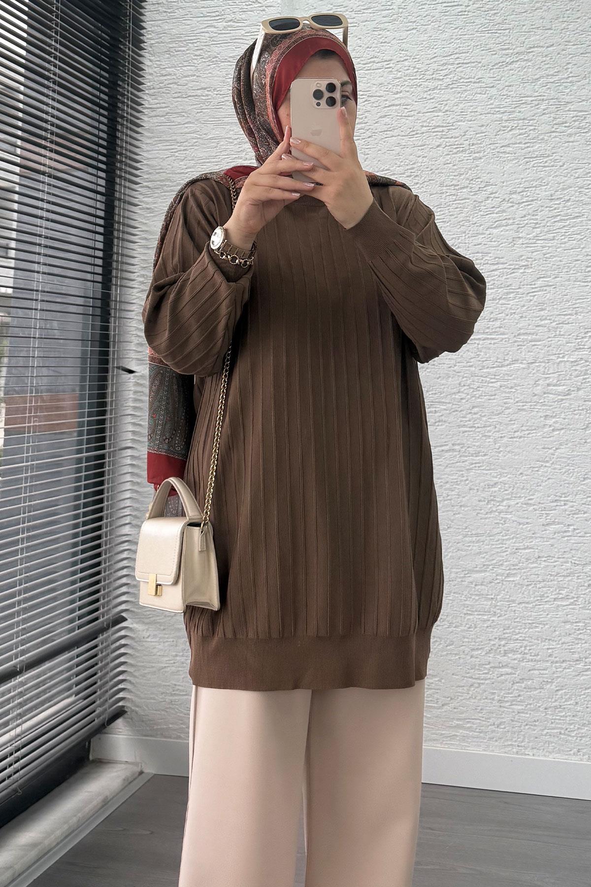 Fitilli Merserize Oversize Kadın Kazak - Kahverengi