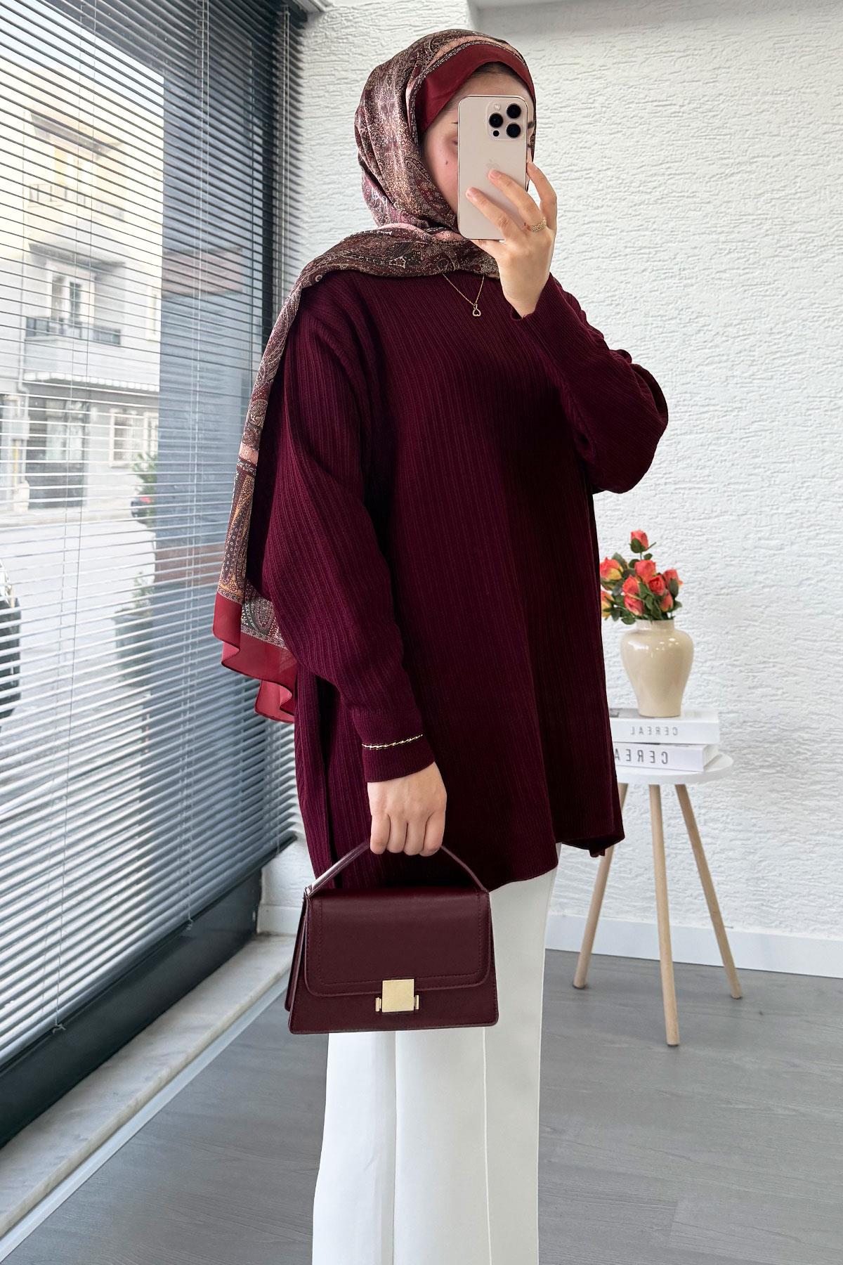 Fitilli Oversize Kadın Kazak - Bordo