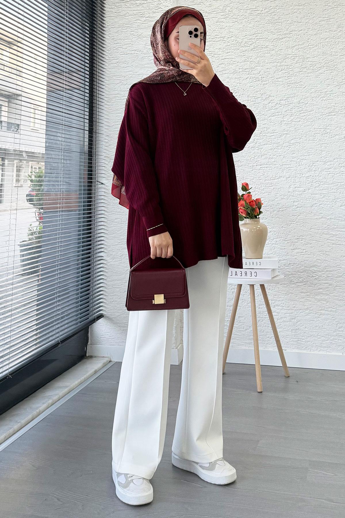 Fitilli Oversize Kadın Kazak - Bordo
