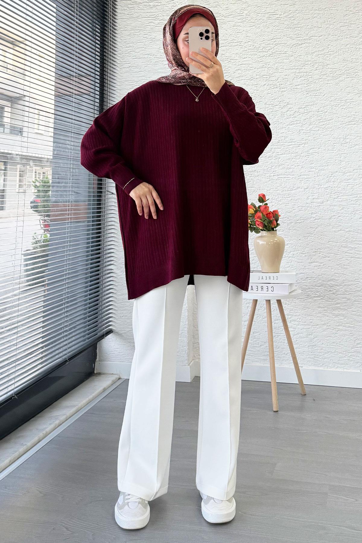 Fitilli Oversize Kadın Kazak - Bordo