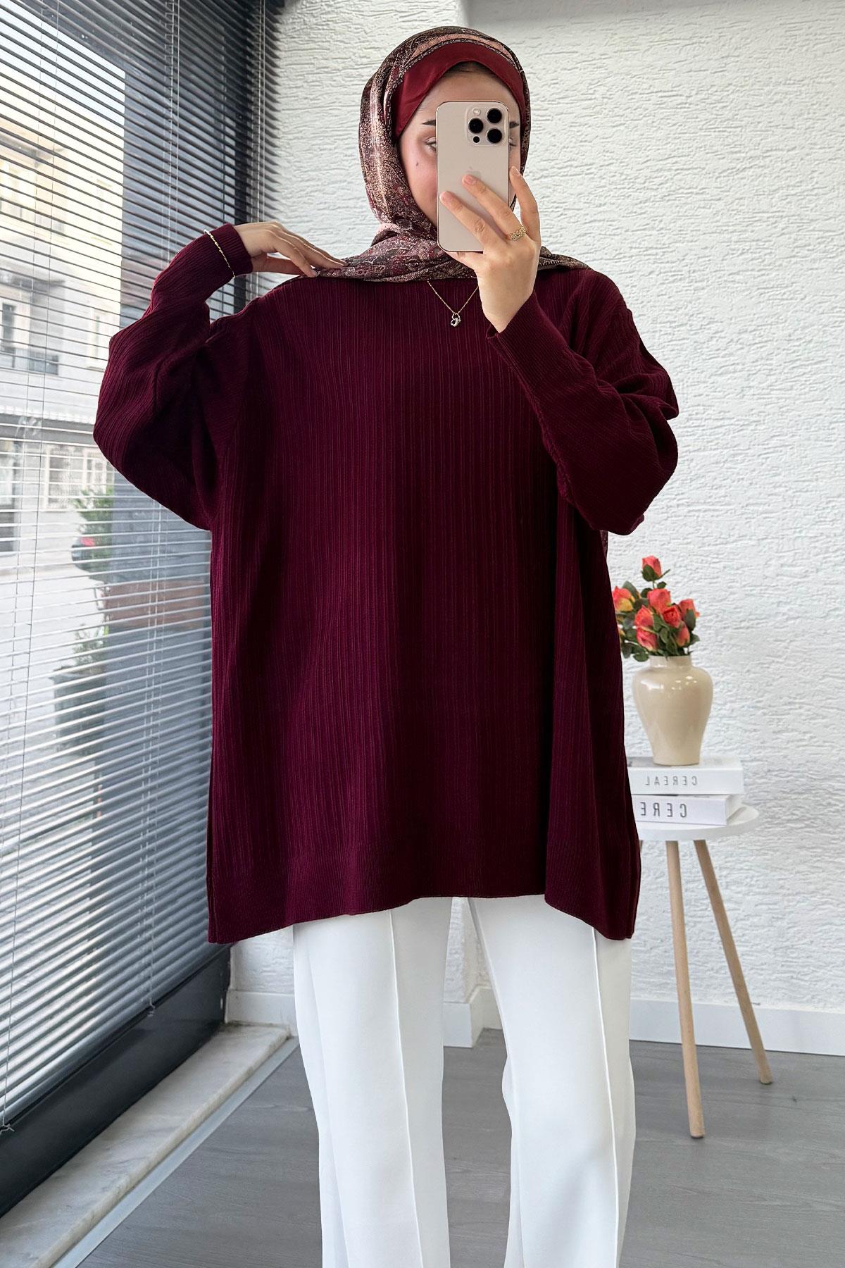 Fitilli Oversize Kadın Kazak - Bordo