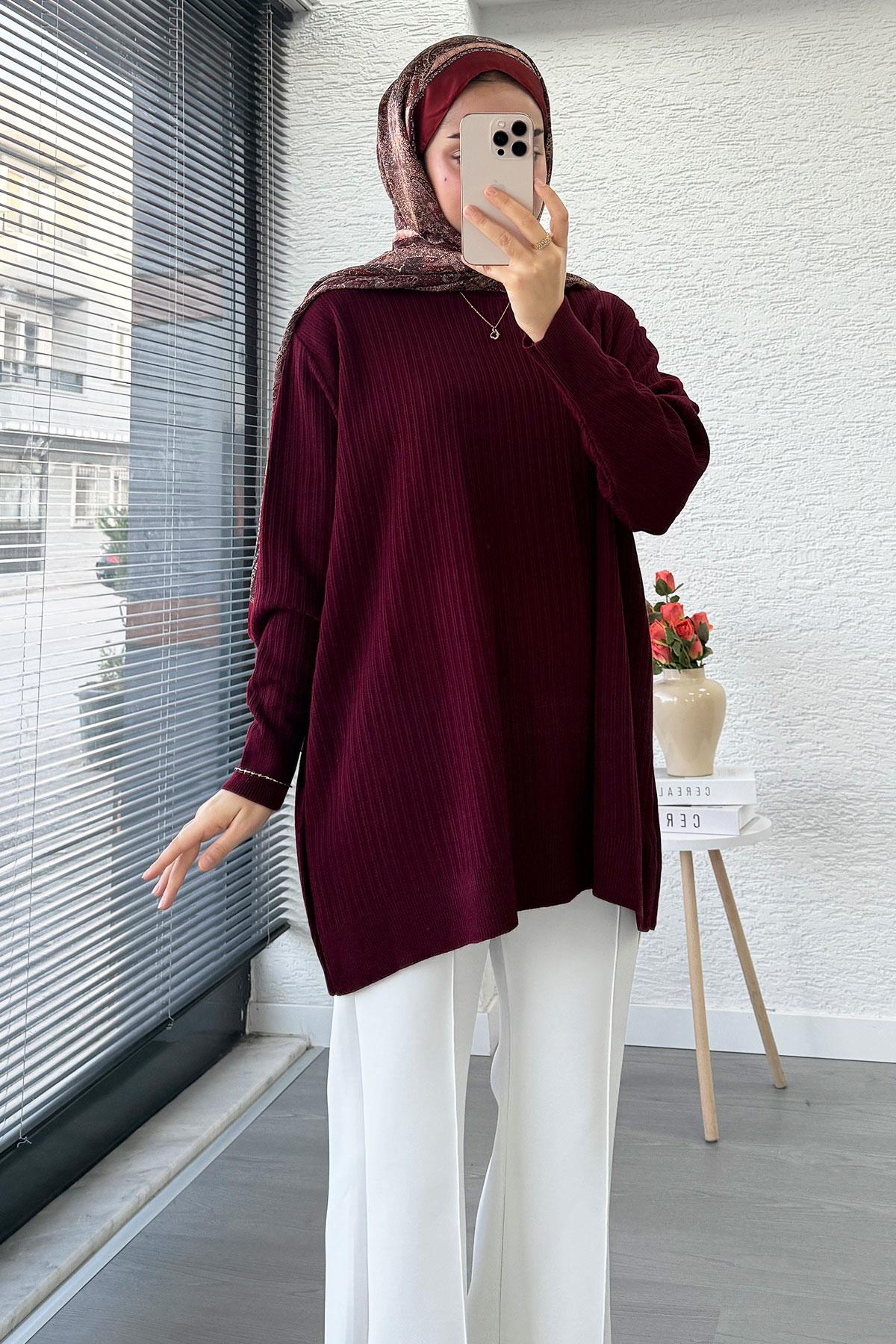 Fitilli Oversize Kadın Kazak - Bordo