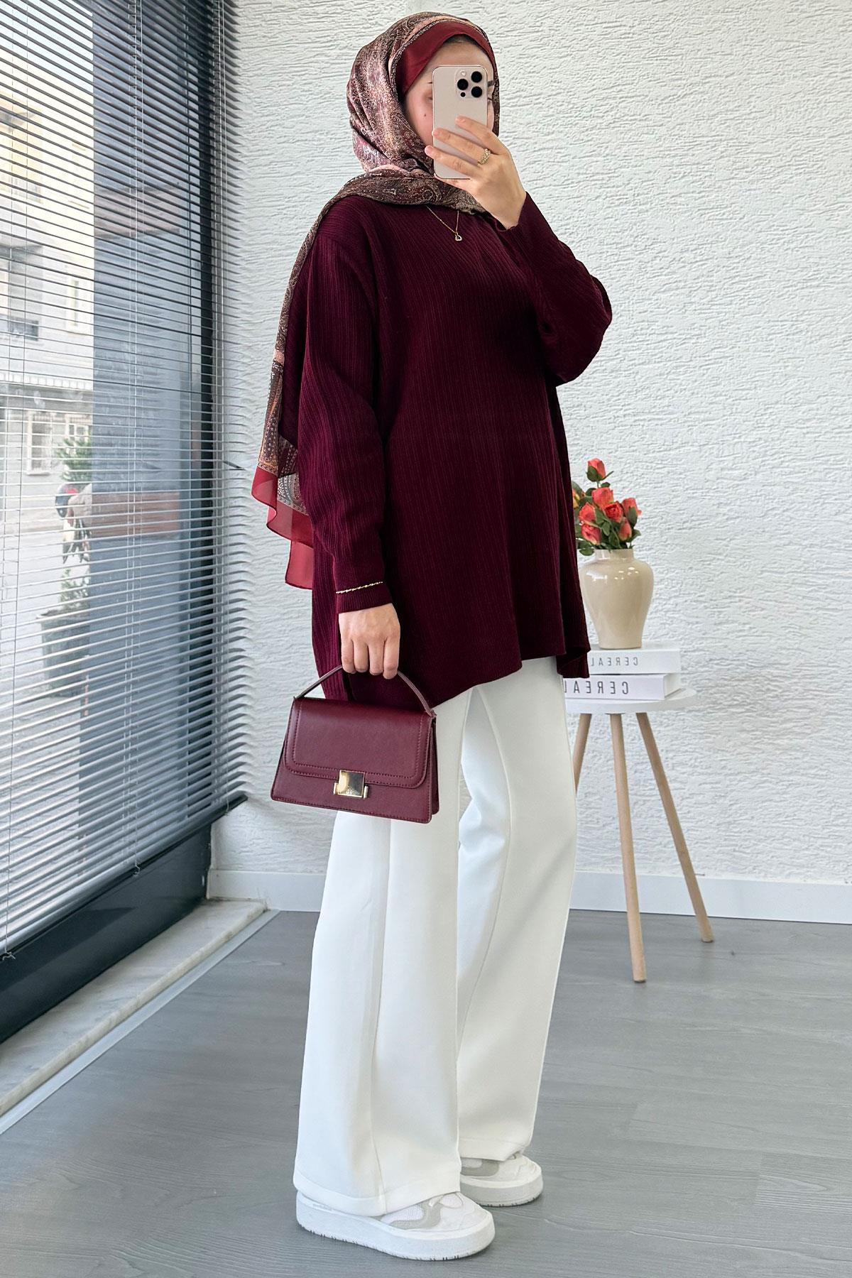 Fitilli Oversize Kadın Kazak - Bordo