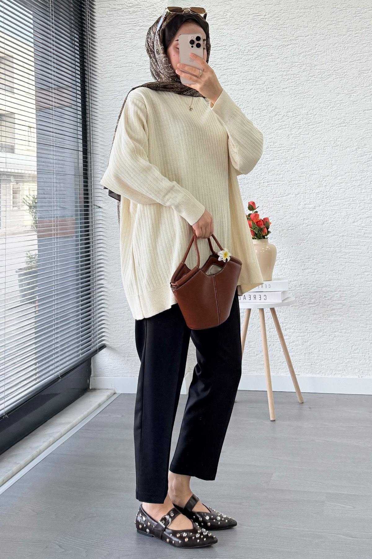 Fitilli Oversize Kadın Kazak - Ekru