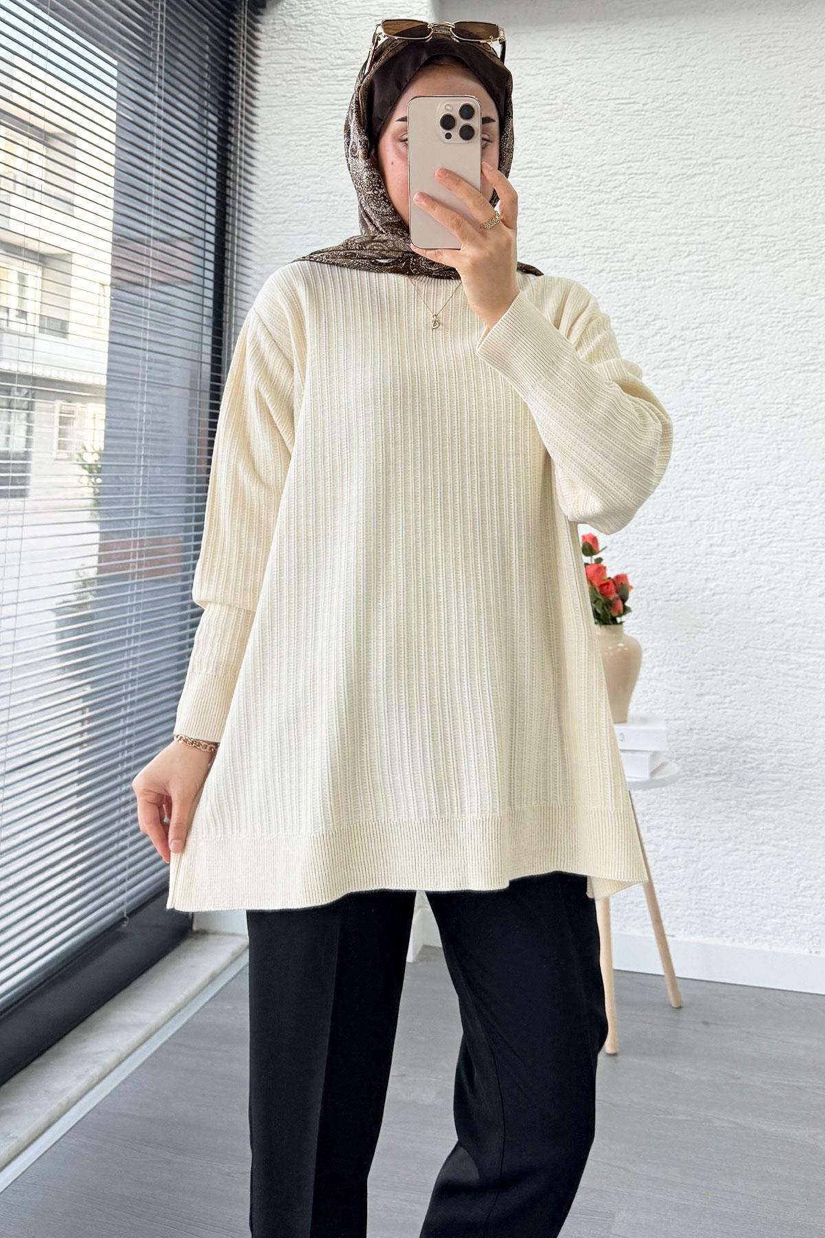 Fitilli Oversize Kadın Kazak - Ekru