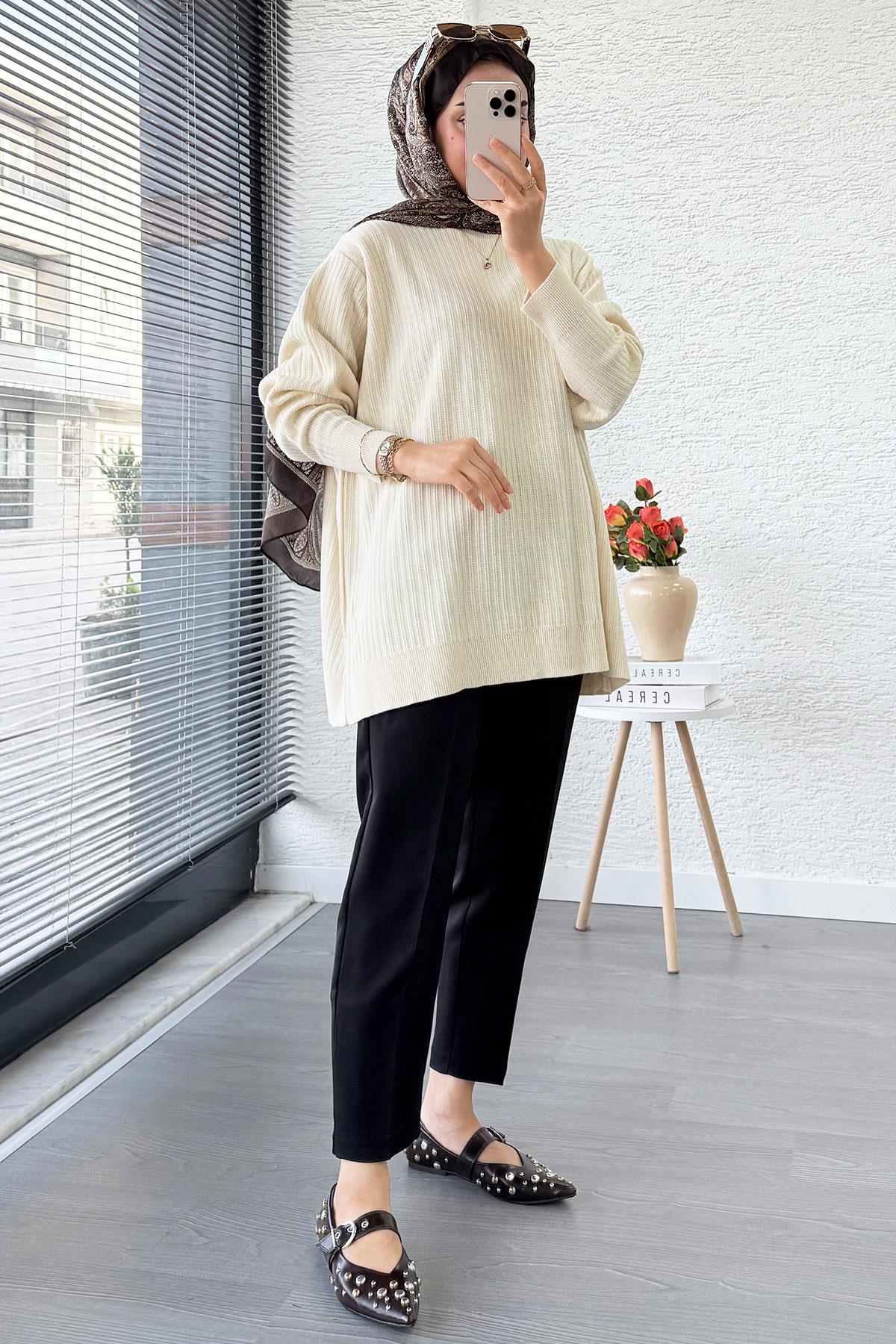 Fitilli Oversize Kadın Kazak - Ekru