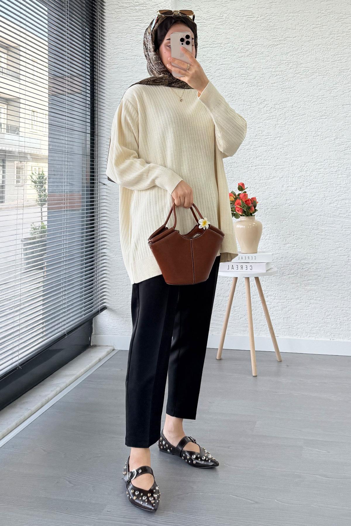 Fitilli Oversize Kadın Kazak - Ekru