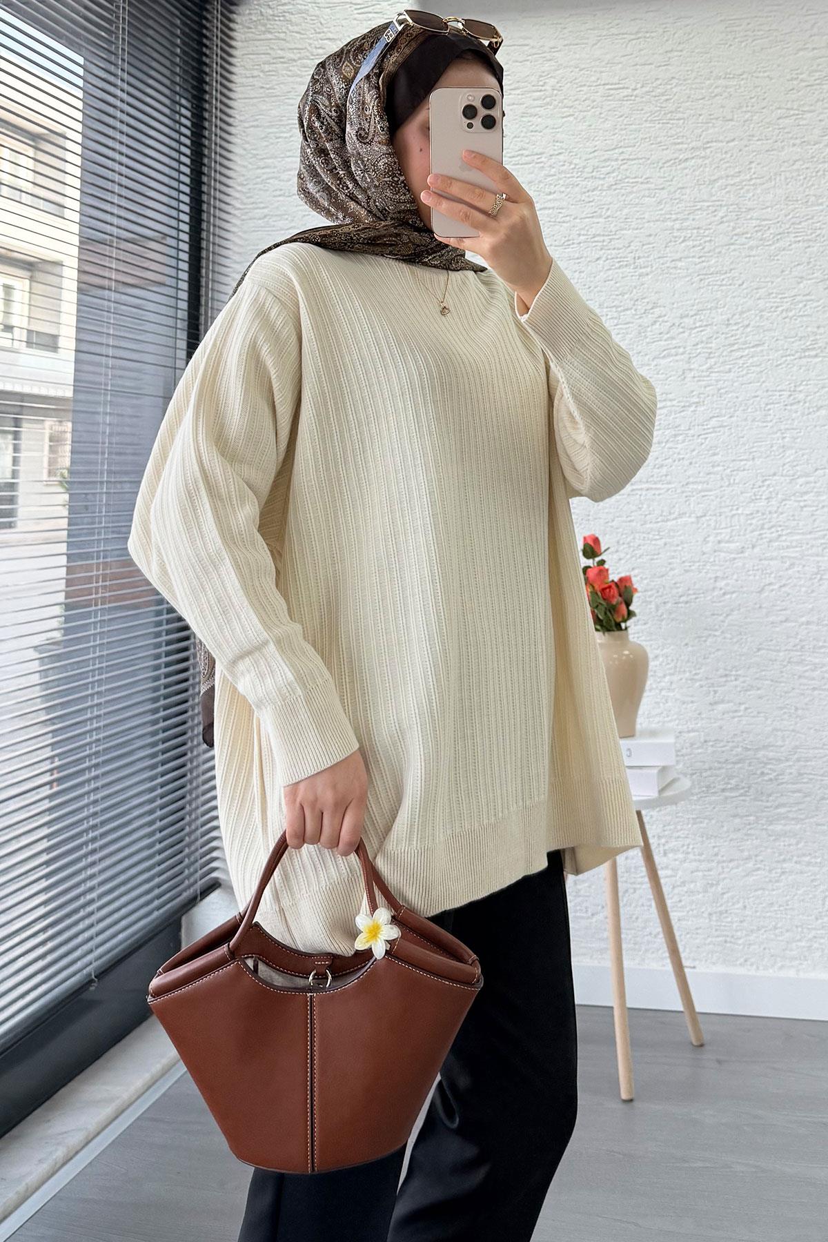 Fitilli Oversize Kadın Kazak - Ekru