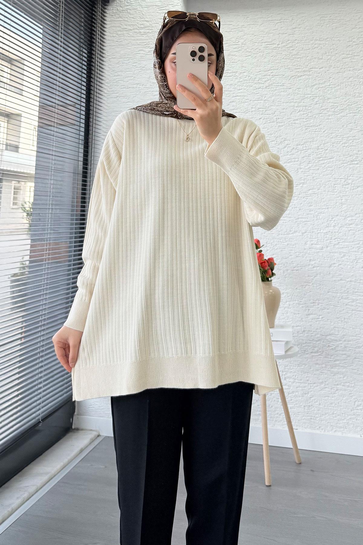 Fitilli Oversize Kadın Kazak - Ekru