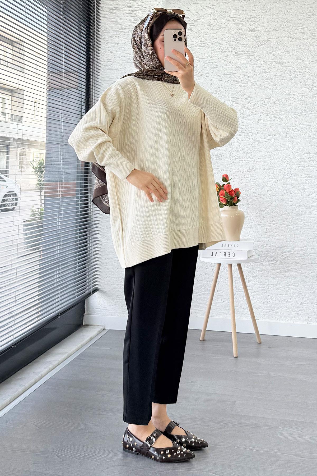 Fitilli Oversize Kadın Kazak - Ekru