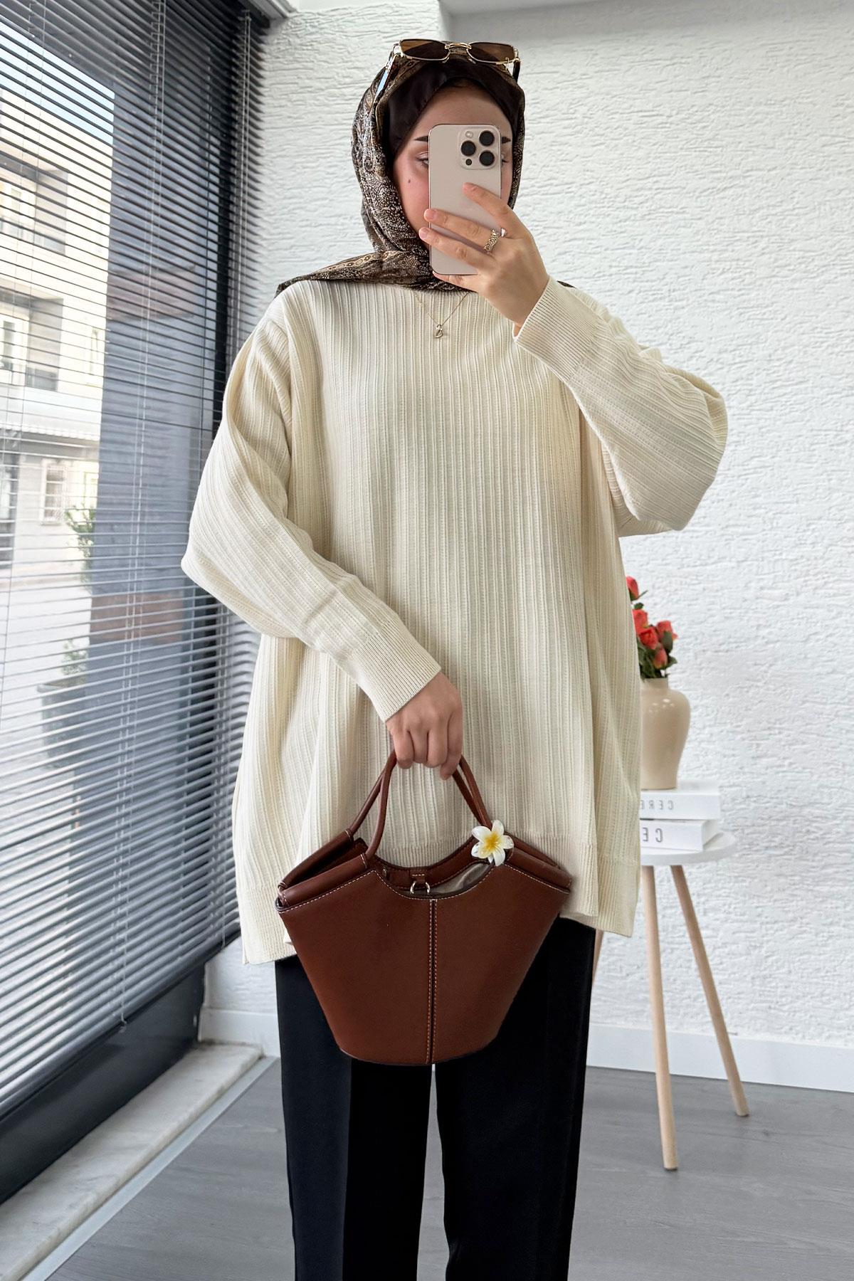 Fitilli Oversize Kadın Kazak - Ekru