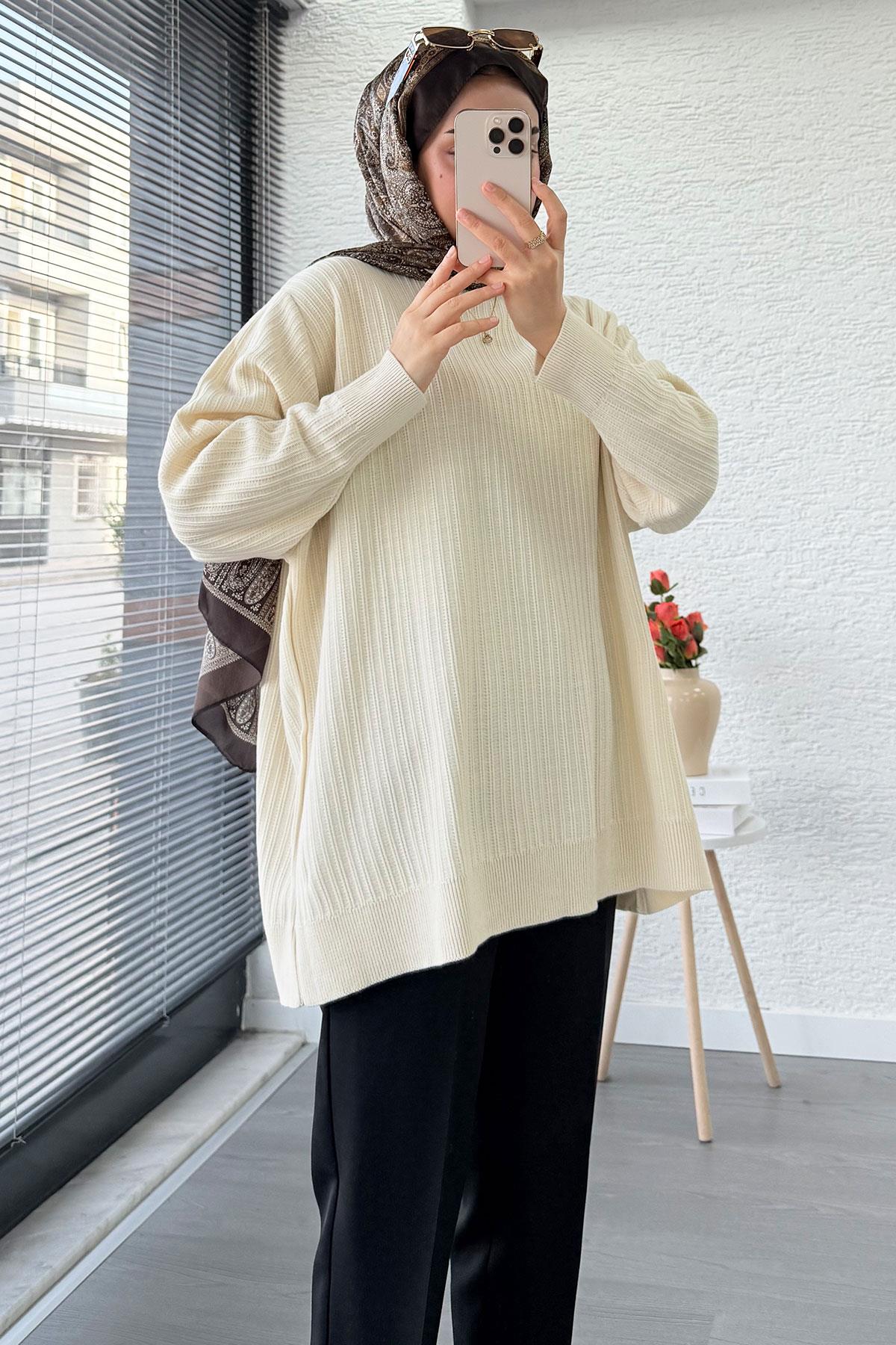Fitilli Oversize Kadın Kazak - Ekru