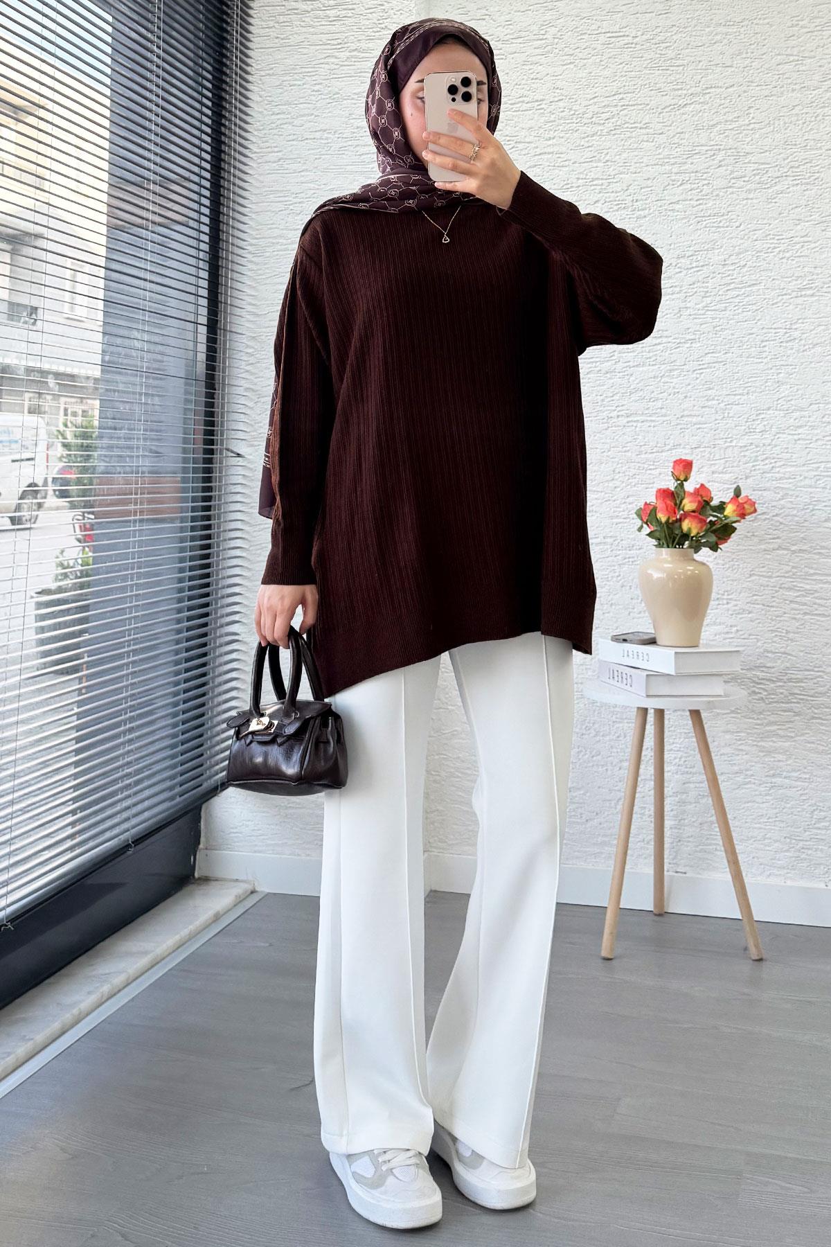 Fitilli Oversize Kadın Kazak - Kahverengi