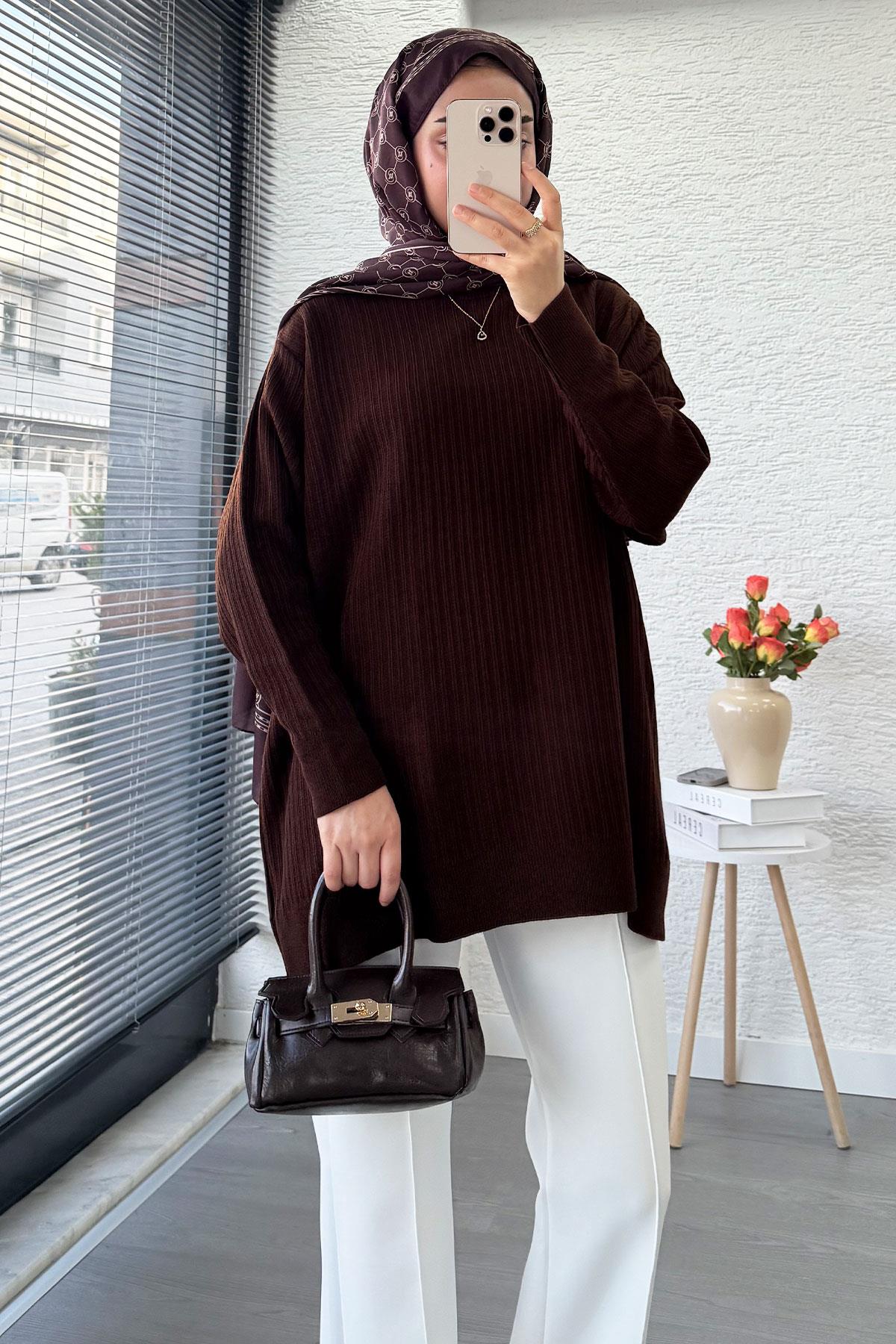 Fitilli Oversize Kadın Kazak - Kahverengi