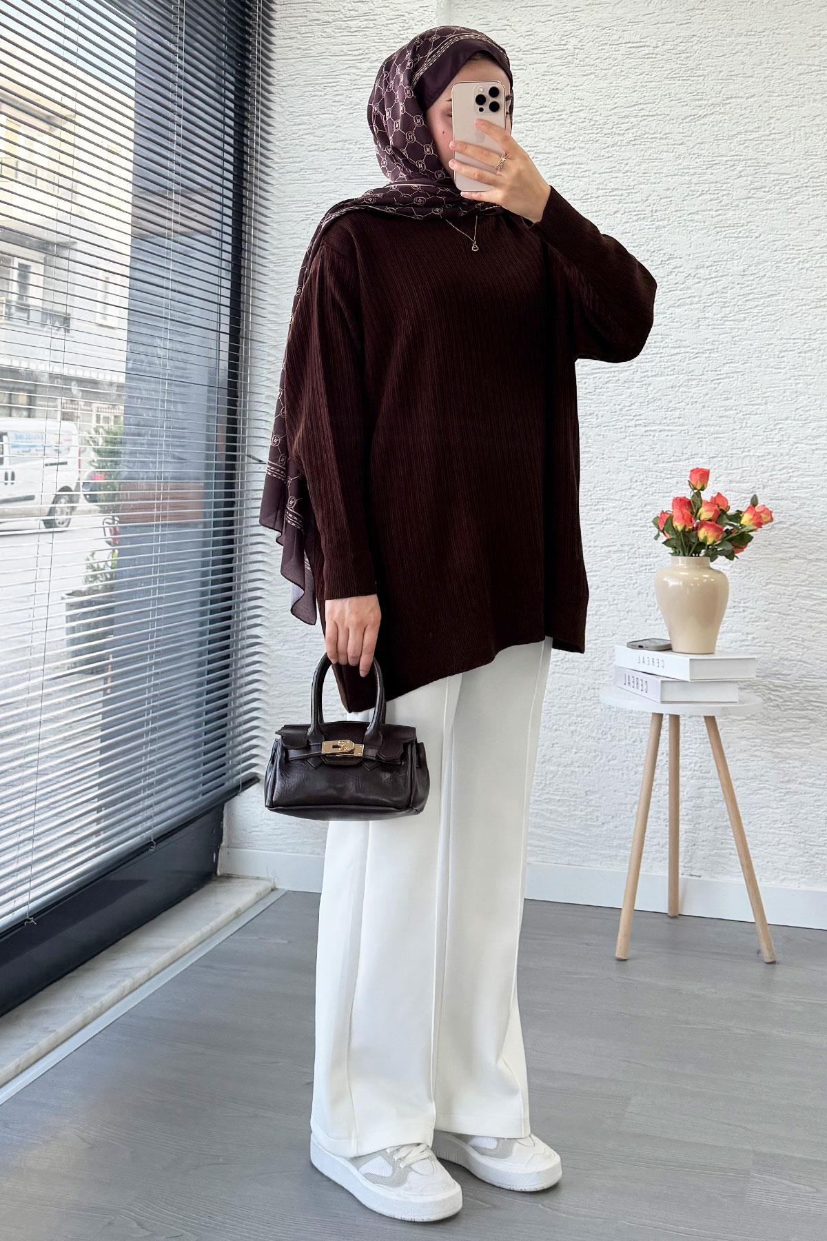 Fitilli Oversize Kadın Kazak - Kahverengi