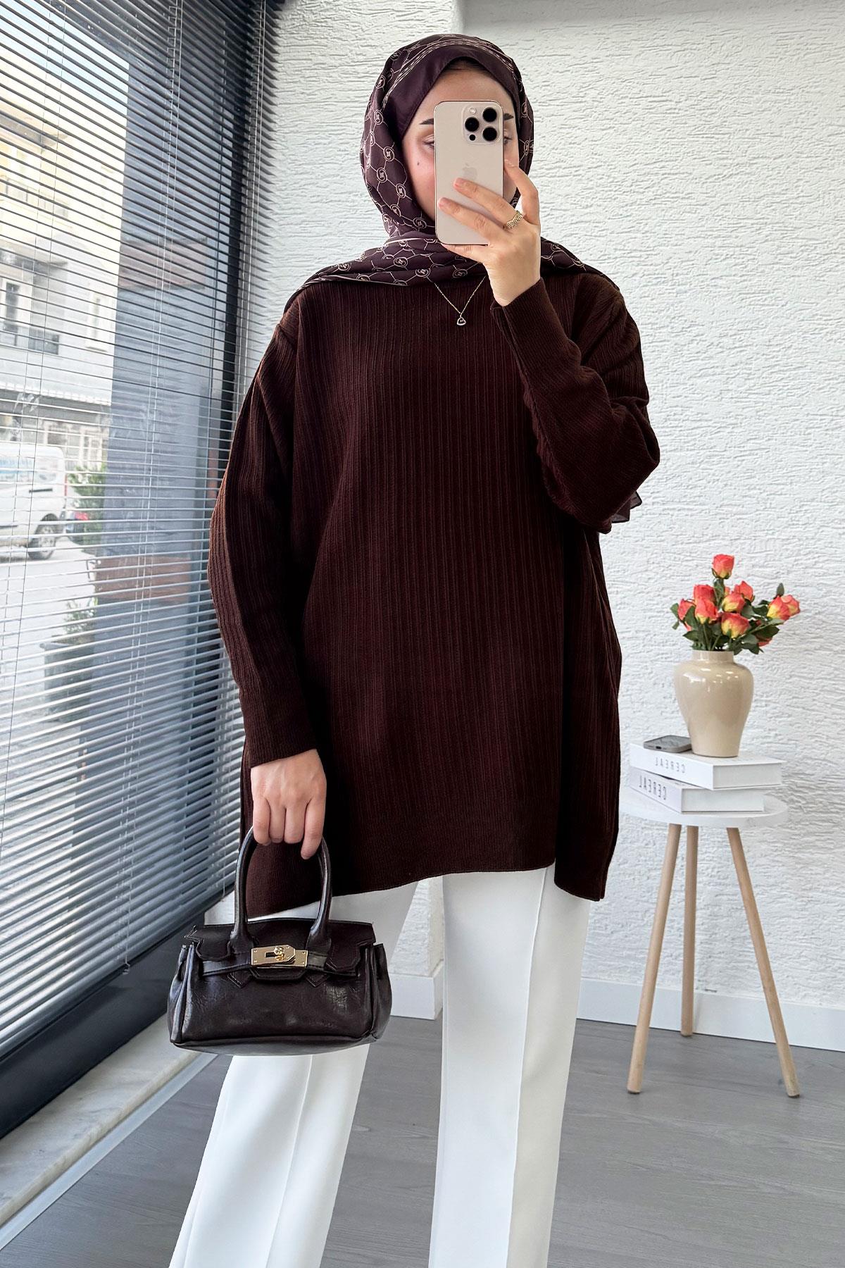 Fitilli Oversize Kadın Kazak - Kahverengi