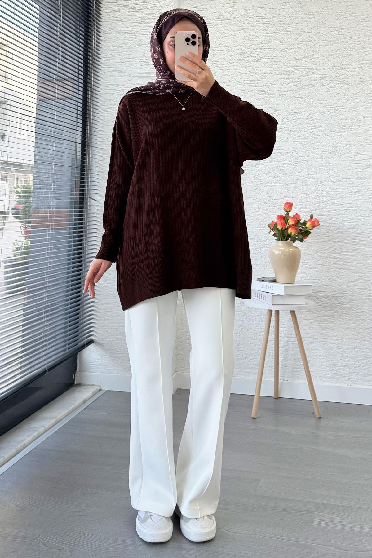 Fitilli Oversize Kadın Kazak - Kahverengi