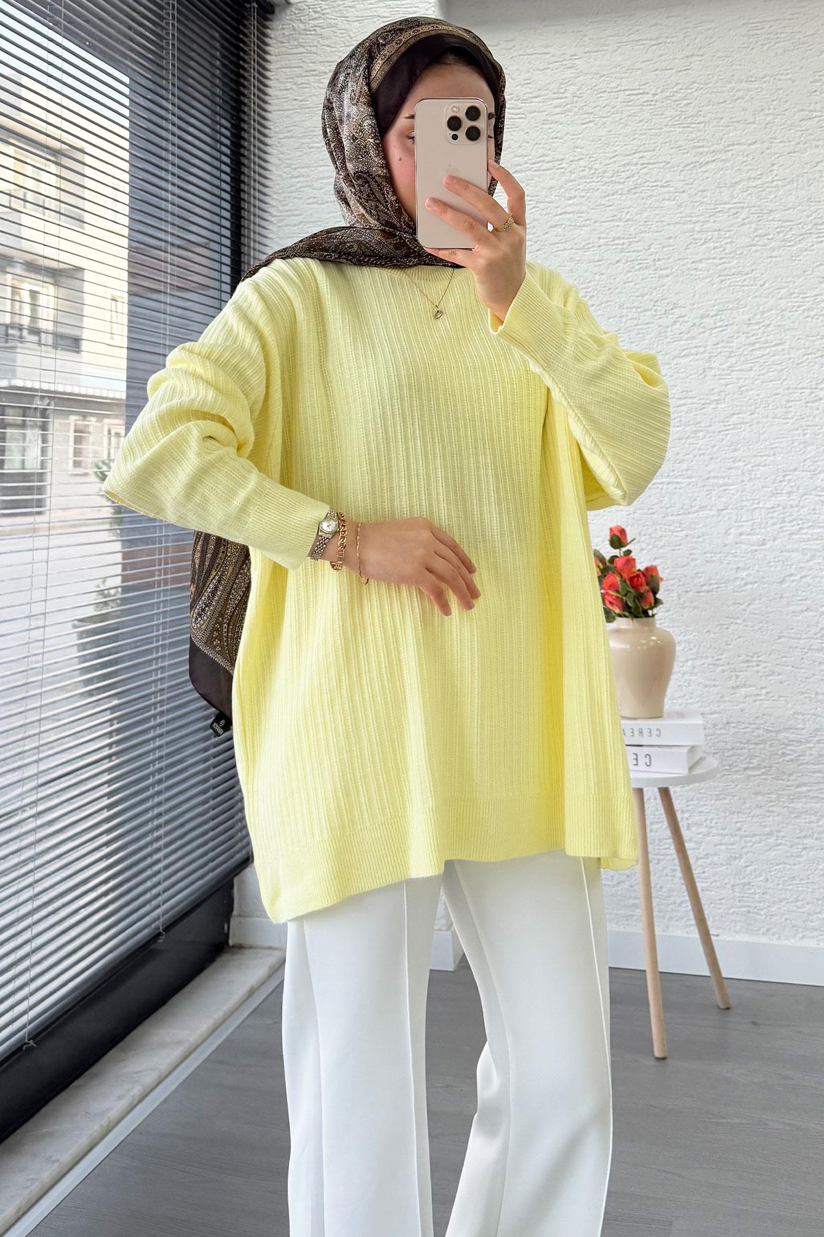 Fitilli Oversize Kadın Kazak - Sarı