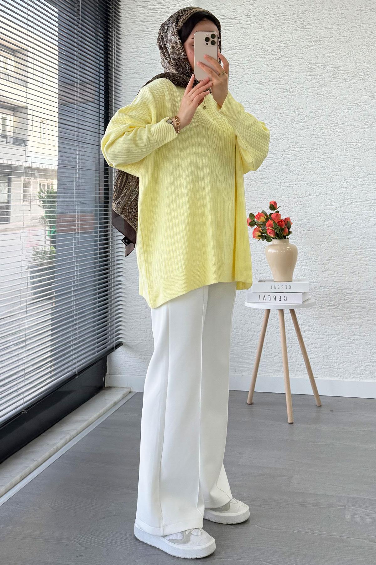 Fitilli Oversize Kadın Kazak - Sarı