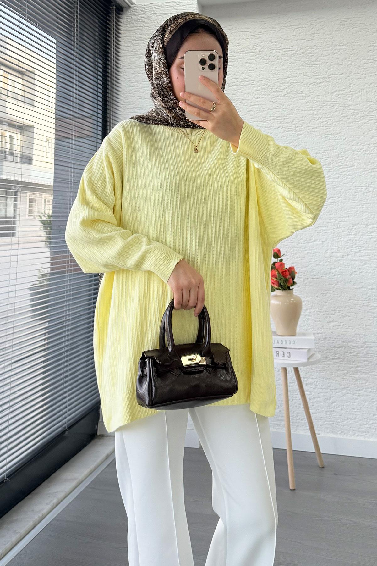 Fitilli Oversize Kadın Kazak - Sarı