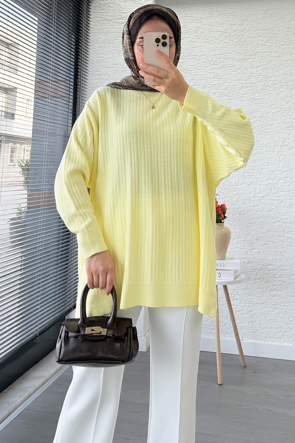 Fitilli Oversize Kadın Kazak - Sarı