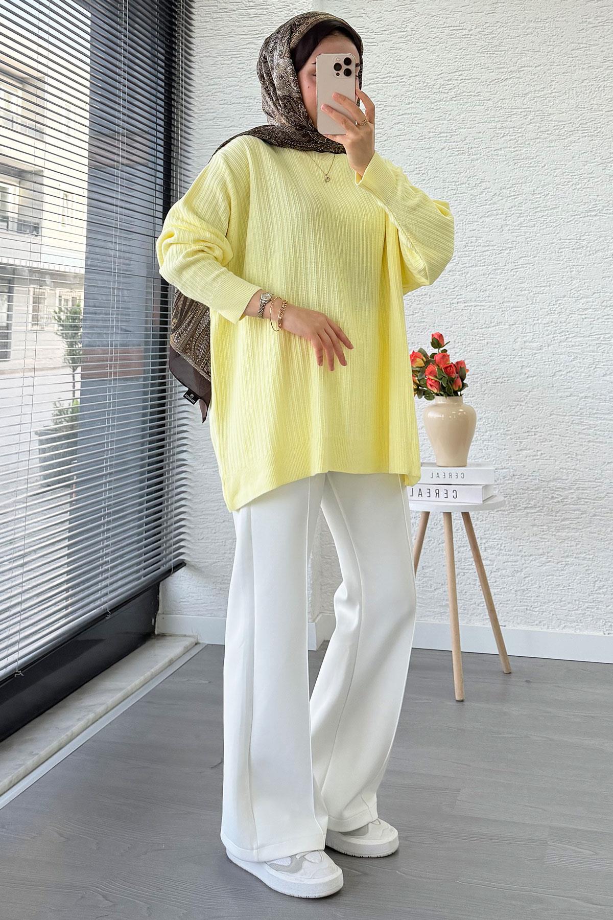 Fitilli Oversize Kadın Kazak - Sarı