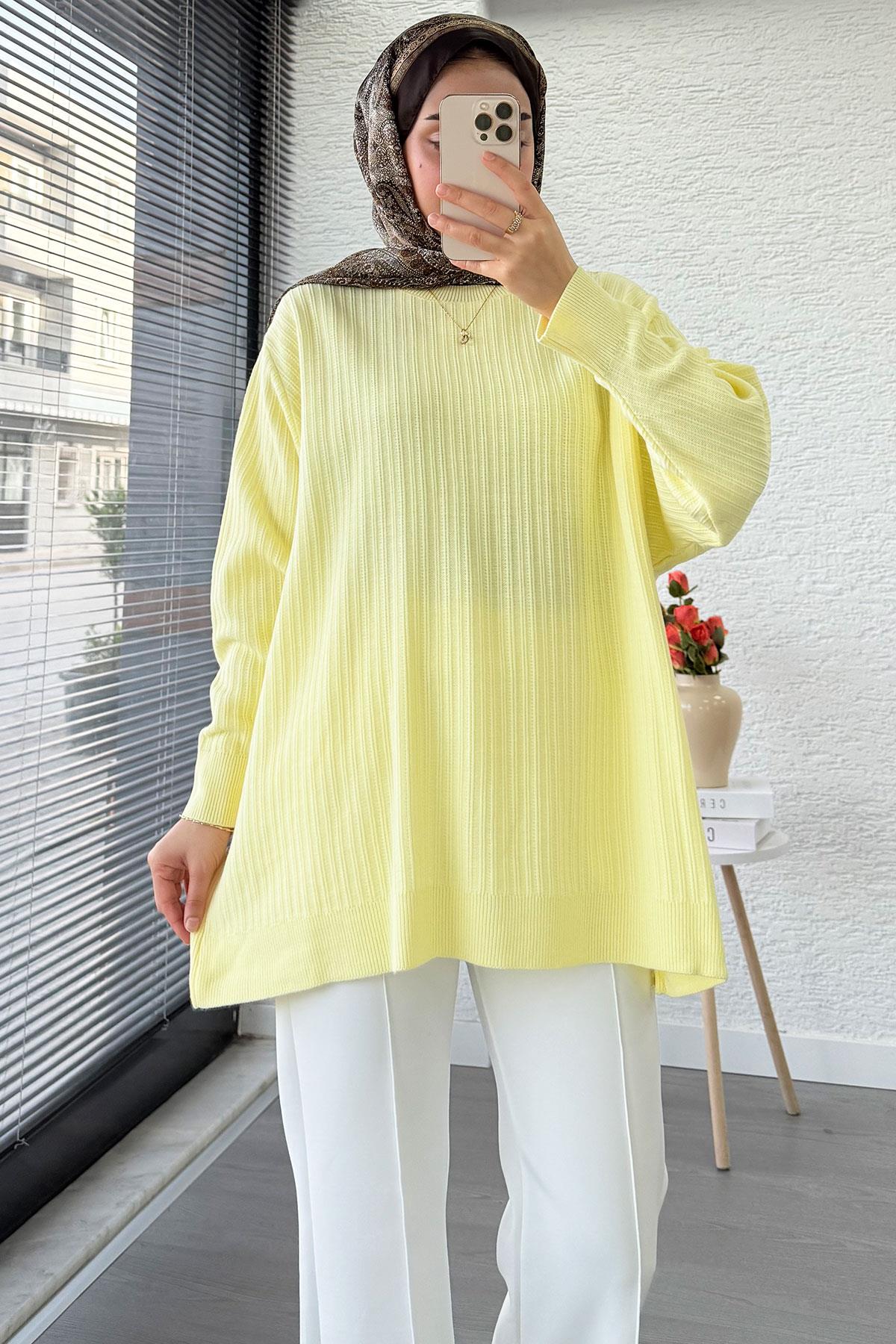 Fitilli Oversize Kadın Kazak - Sarı