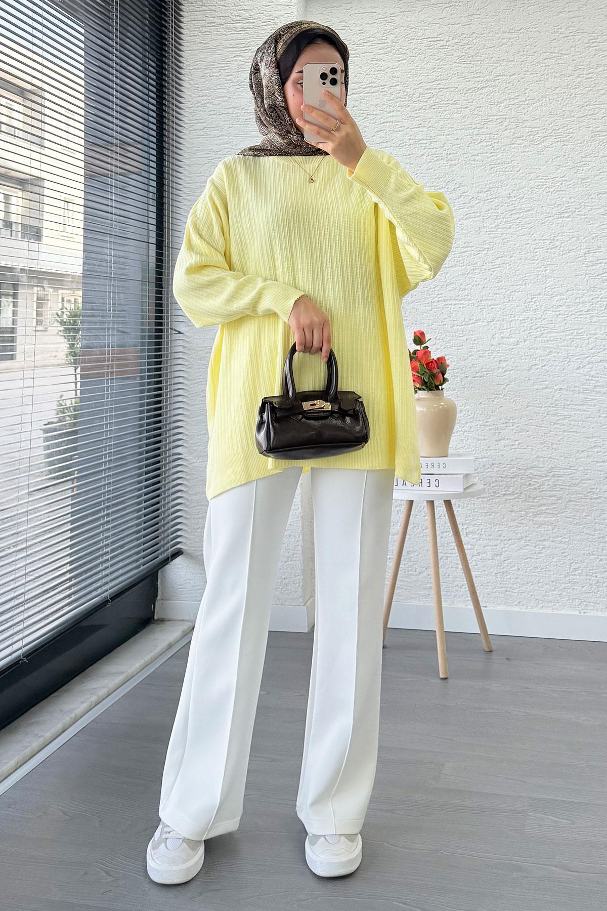 Fitilli Oversize Kadın Kazak - Sarı