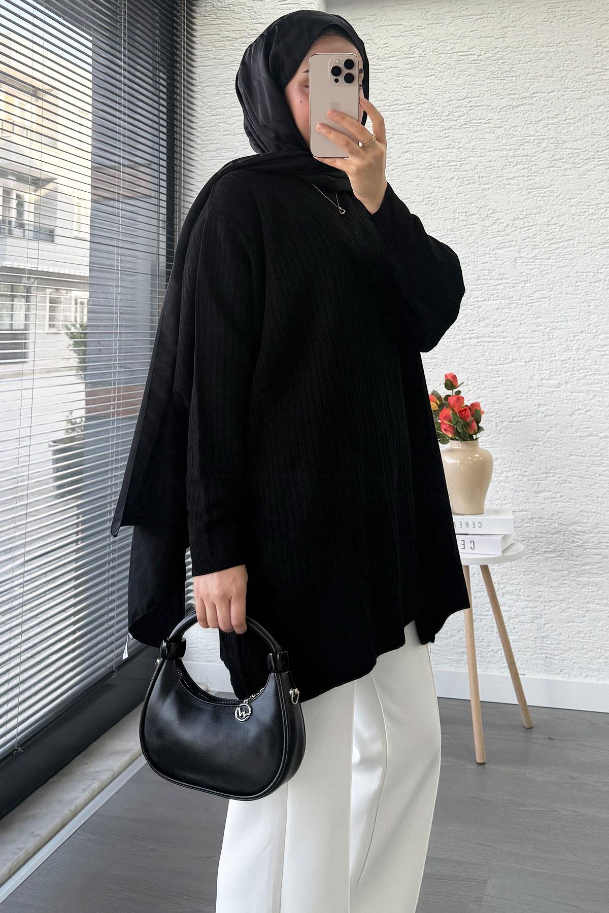 Fitilli Oversize Kadın Kazak - Siyah