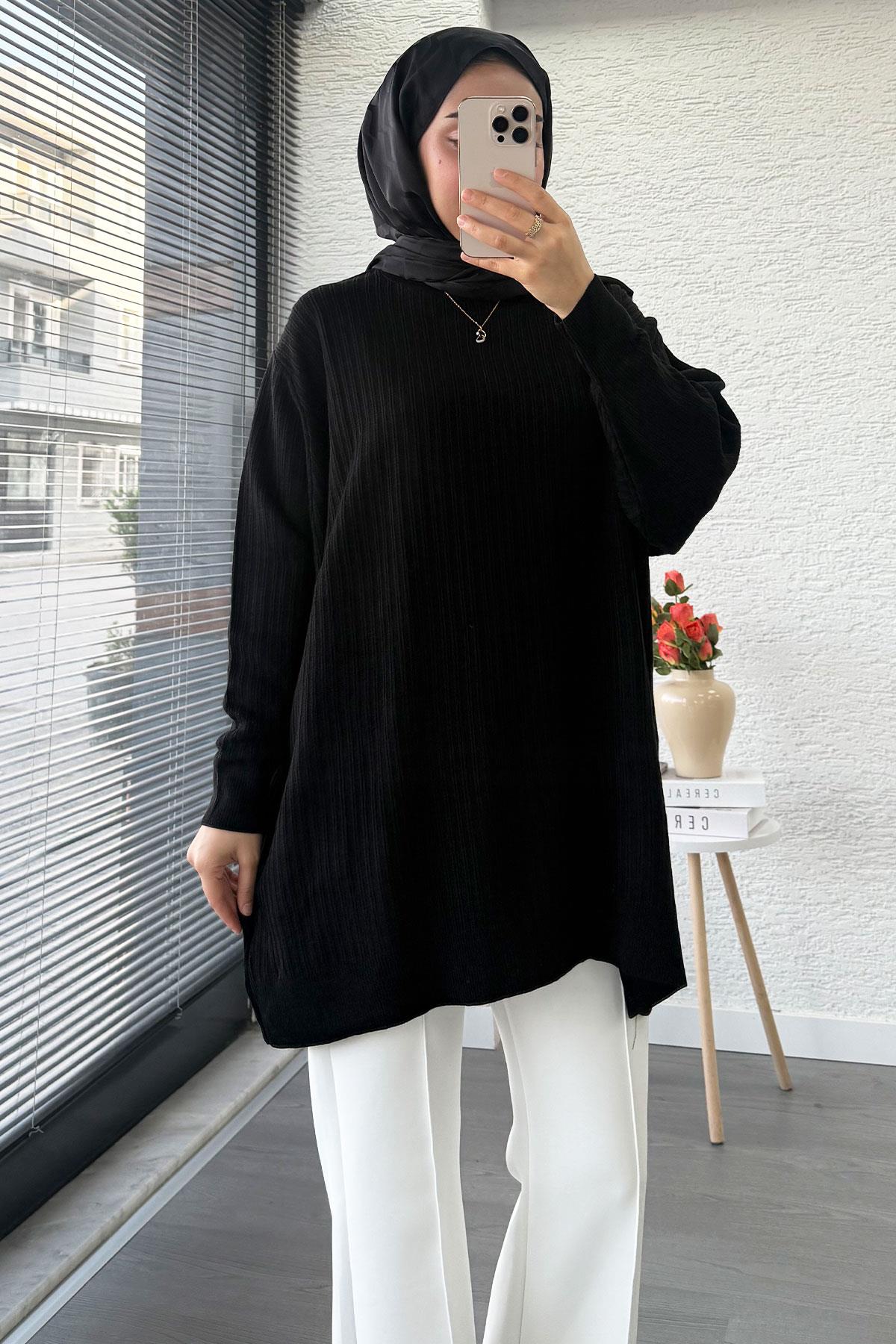 Fitilli Oversize Kadın Kazak - Siyah