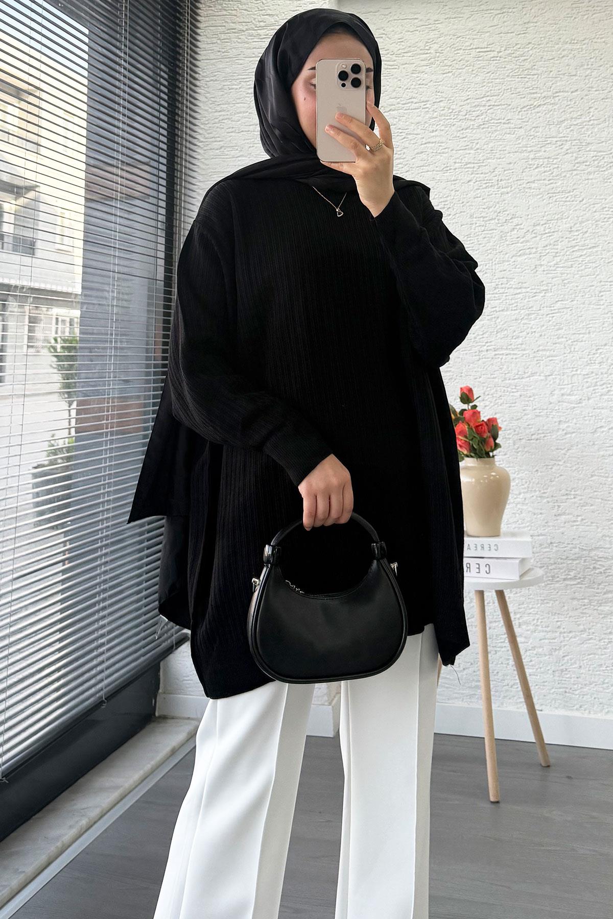 Fitilli Oversize Kadın Kazak - Siyah