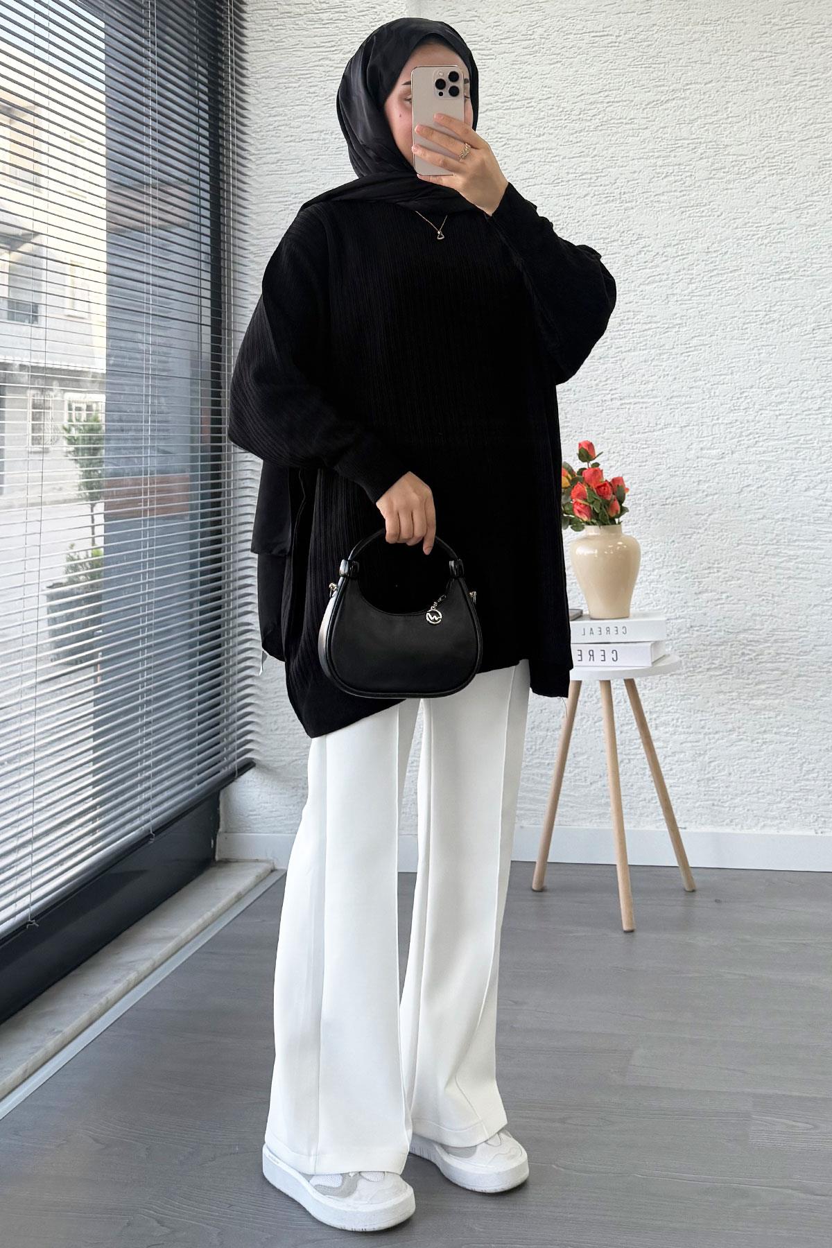 Fitilli Oversize Kadın Kazak - Siyah