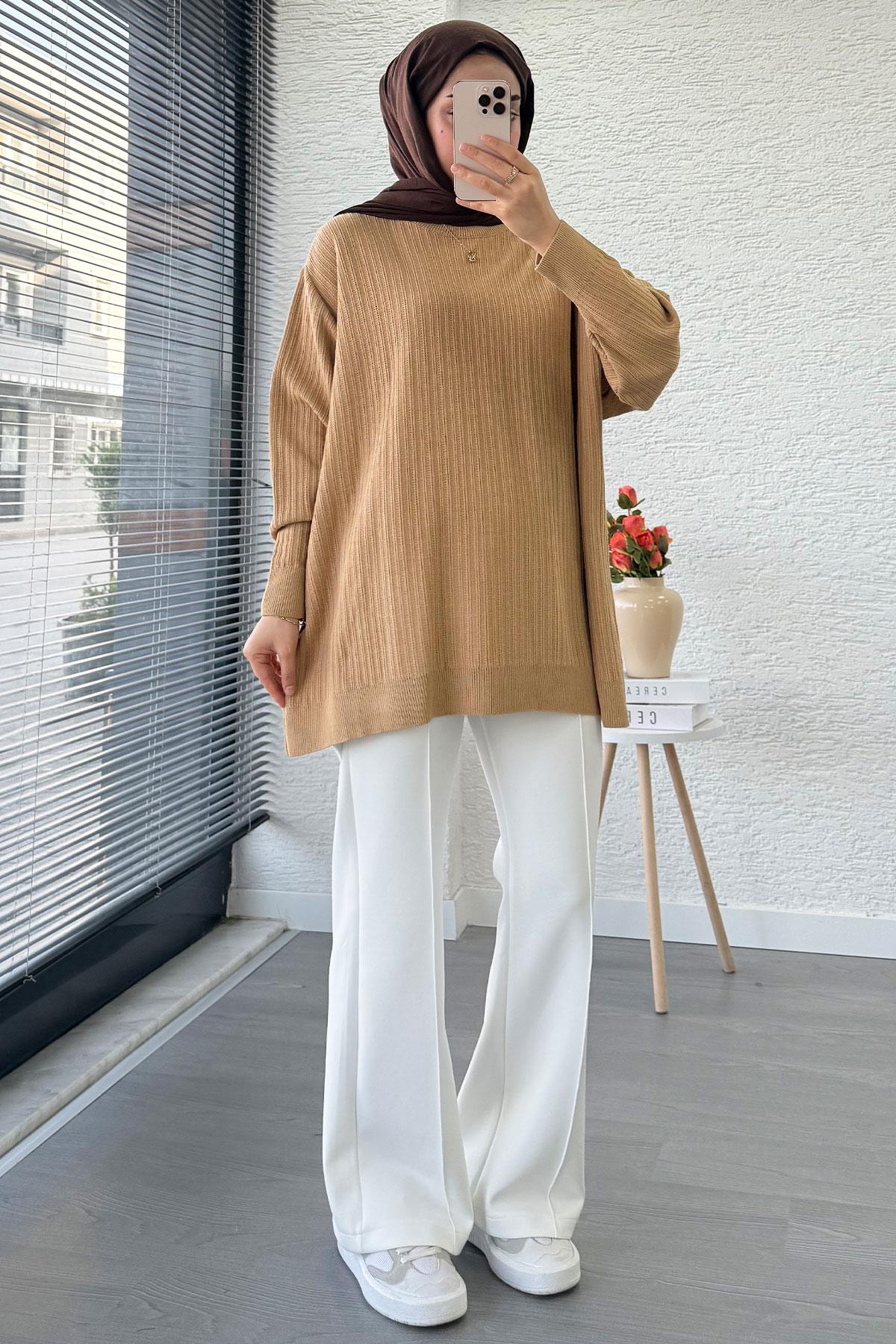 Fitilli Oversize Kadın Kazak - Sütlü Kahve