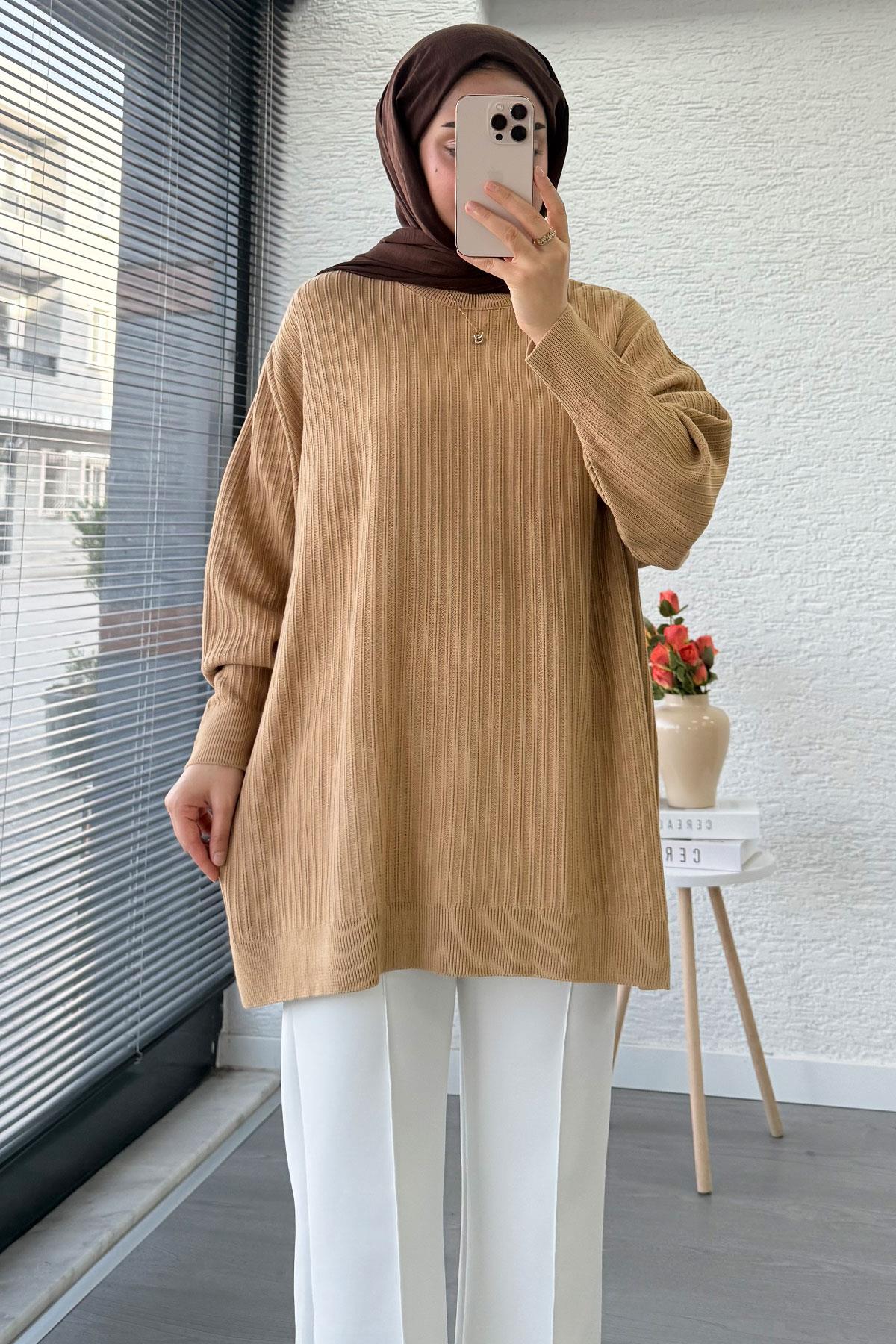 Fitilli Oversize Kadın Kazak - Sütlü Kahve