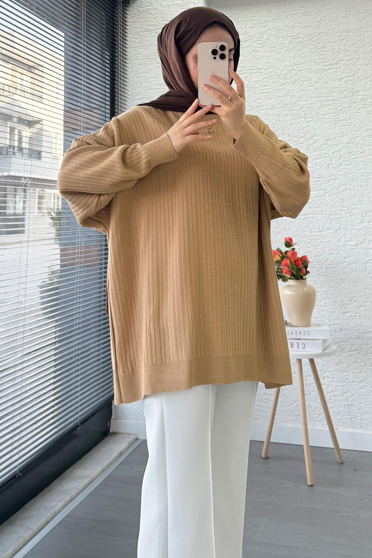 Fitilli Oversize Kadın Kazak - Sütlü Kahve