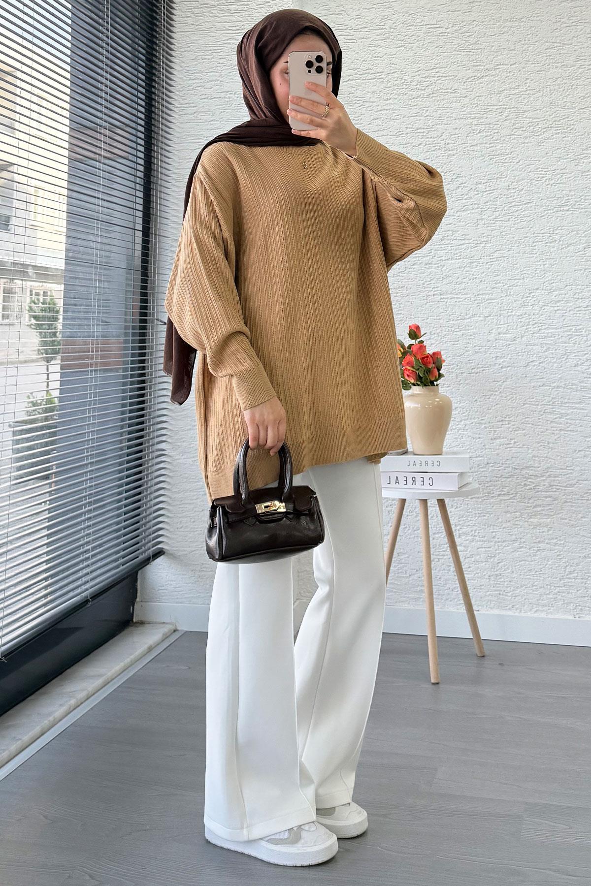 Fitilli Oversize Kadın Kazak - Sütlü Kahve