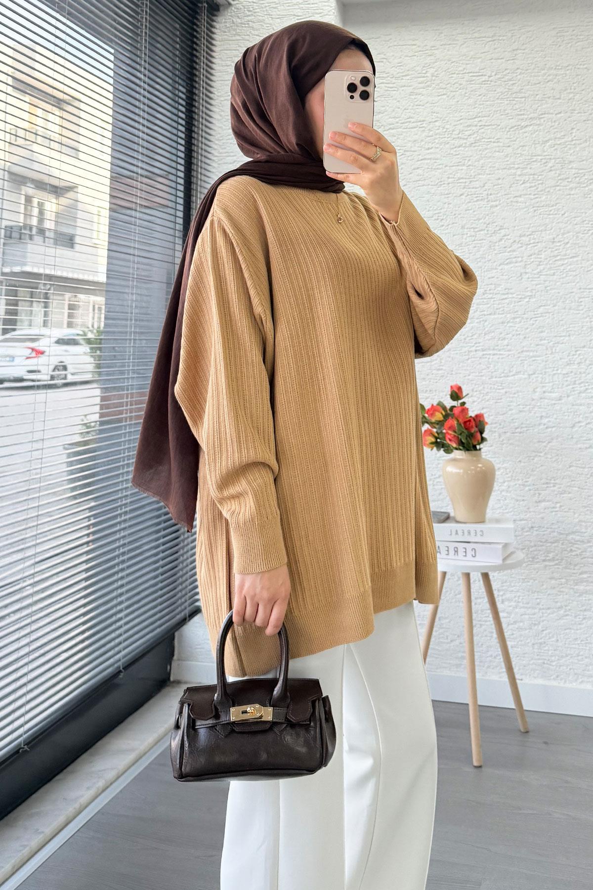 Fitilli Oversize Kadın Kazak - Sütlü Kahve