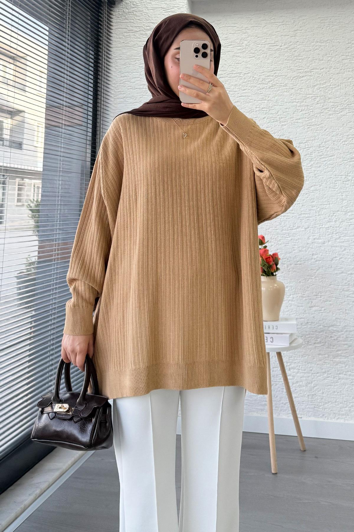 Fitilli Oversize Kadın Kazak - Sütlü Kahve