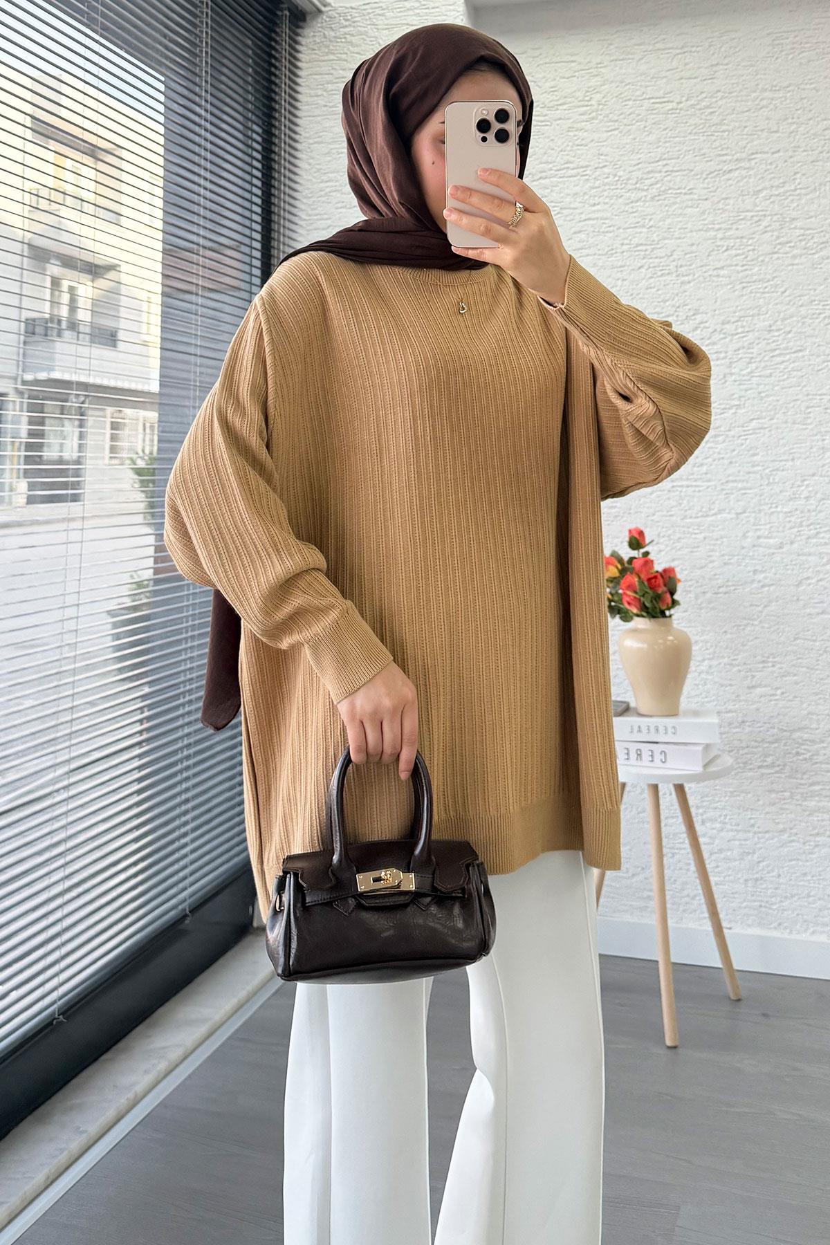 Fitilli Oversize Kadın Kazak - Sütlü Kahve