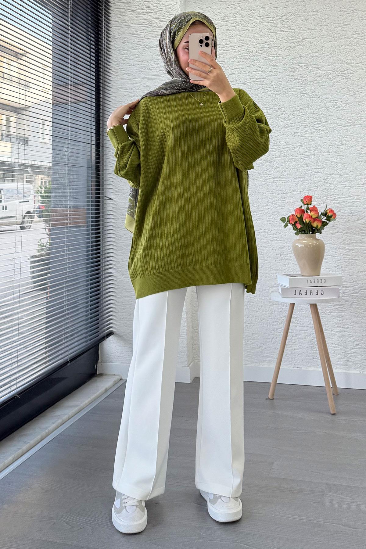 Fitilli Oversize Kadın Kazak -Yağ Yeşili 