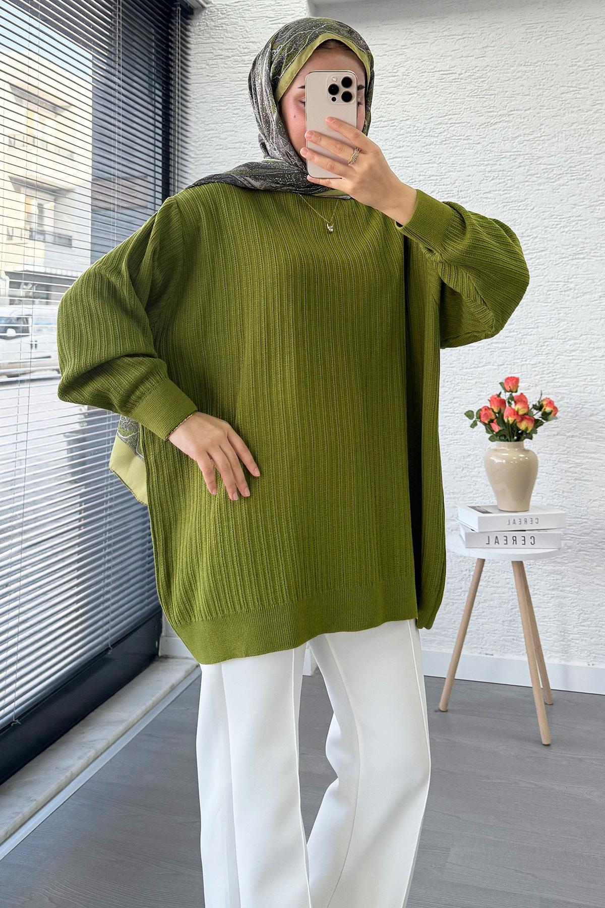 Fitilli Oversize Kadın Kazak -Yağ Yeşili 