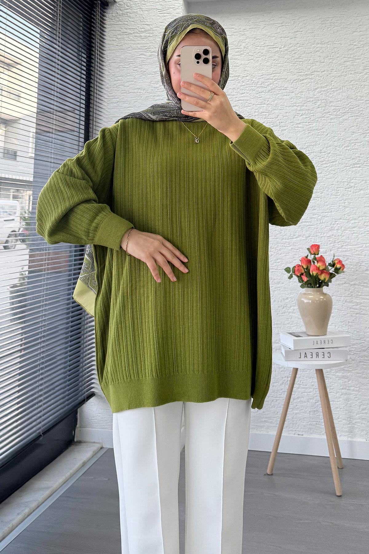 Fitilli Oversize Kadın Kazak -Yağ Yeşili 