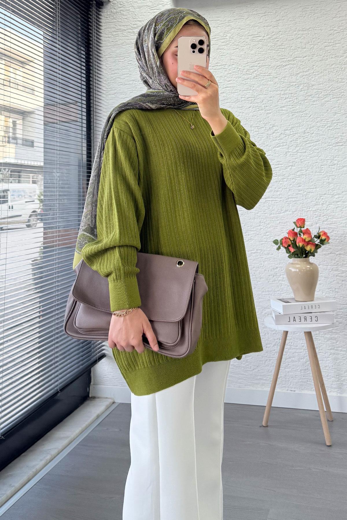 Fitilli Oversize Kadın Kazak -Yağ Yeşili 