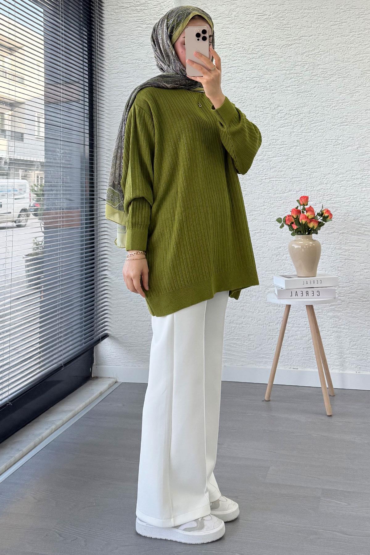 Fitilli Oversize Kadın Kazak -Yağ Yeşili 