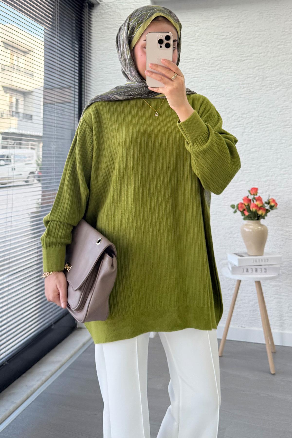 Fitilli Oversize Kadın Kazak -Yağ Yeşili 