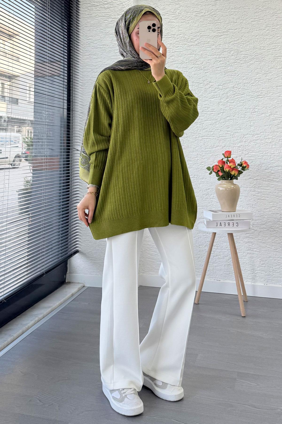 Fitilli Oversize Kadın Kazak -Yağ Yeşili 