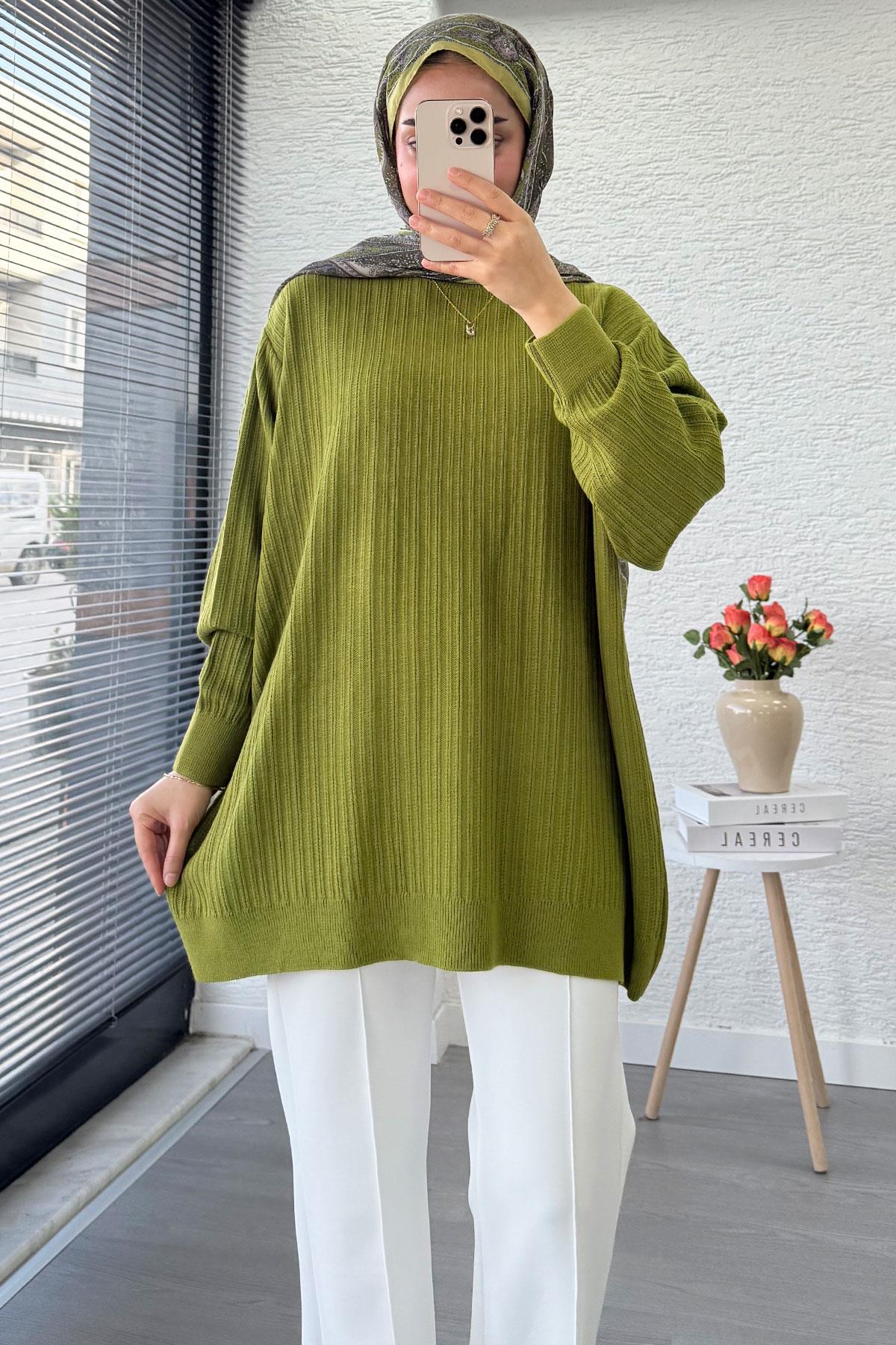 Fitilli Oversize Kadın Kazak -Yağ Yeşili 